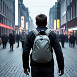 A solitary figure, appearing overwhelmed and burdened, standing amidst a bustling, fast-paced modern Dutch city environment with blurred lights and glowing digital screens (subtly hinting at AI influence). The person's expression is weary, as if running a never-ending race, metaphorically carrying a heavy, invisible backpack. The atmosphere is tense, slightly dark, and conveys a feeling of being stuck in old, limiting narratives and external pressures. Muted, desaturated color palette.