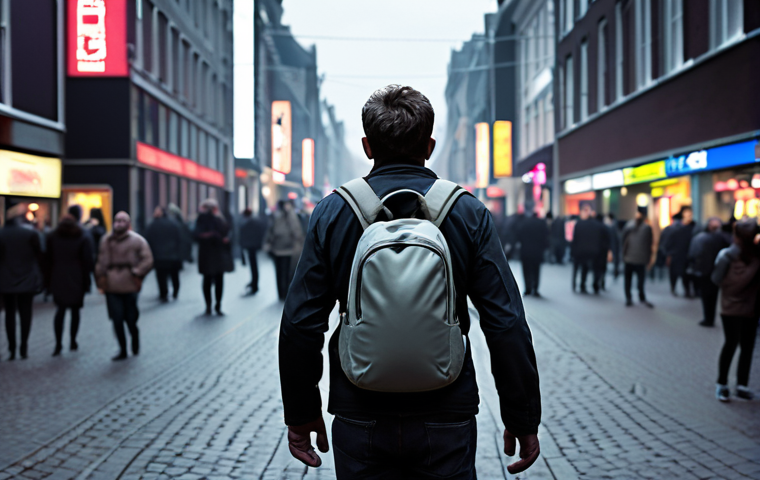 A solitary figure, appearing overwhelmed and burdened, standing amidst a bustling, fast-paced modern Dutch city environment with blurred lights and glowing digital screens (subtly hinting at AI influence). The person's expression is weary, as if running a never-ending race, metaphorically carrying a heavy, invisible backpack. The atmosphere is tense, slightly dark, and conveys a feeling of being stuck in old, limiting narratives and external pressures. Muted, desaturated color palette.
