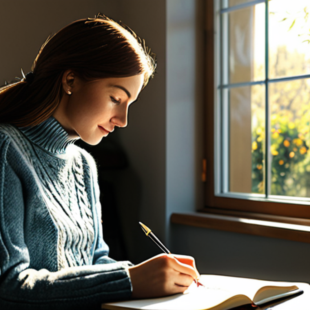**

A woman in a modest sweater and jeans, sitting at a desk writing in a journal. Sunlight streams in from a window overlooking a peaceful garden. Focus on the serene expression on her face as she reflects. Safe for work, appropriate content, fully clothed, professional photography, natural pose, correct proportions, well-formed hands.

**