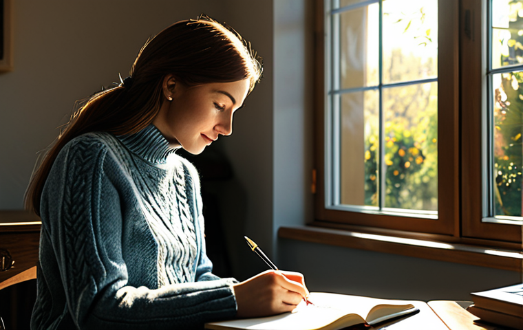 **

A woman in a modest sweater and jeans, sitting at a desk writing in a journal. Sunlight streams in from a window overlooking a peaceful garden. Focus on the serene expression on her face as she reflects. Safe for work, appropriate content, fully clothed, professional photography, natural pose, correct proportions, well-formed hands.

**