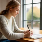 내러티브 건강법의 새로운 접근법 - A confident Dutch woman in her early 30s, dressed in comfortable, modest everyday clothing (such as ...