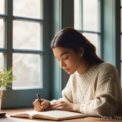 내러티브 건강법의 적용을 위한 심리적 준비 - **Prompt:** A young woman, in her late 20s, sits comfortably at a beautifully crafted wooden desk ne...