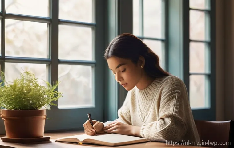 내러티브 건강법의 적용을 위한 심리적 준비 - **Prompt:** A young woman, in her late 20s, sits comfortably at a beautifully crafted wooden desk ne...