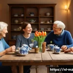 내러티브 건강법의 사회적 실천 방법 - A warm and inviting storytelling café scene in a Dutch city, featuring a diverse group of adults and...