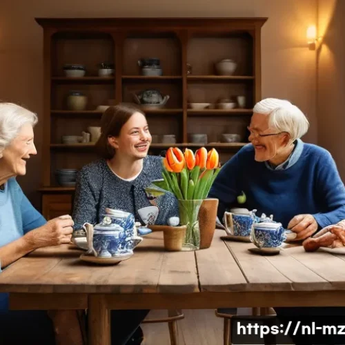 내러티브 건강법의 사회적 실천 방법 - A warm and inviting storytelling café scene in a Dutch city, featuring a diverse group of adults and...