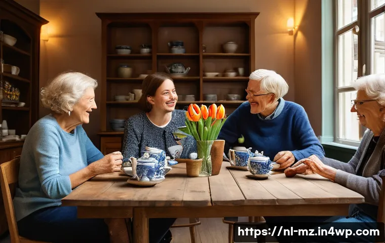 내러티브 건강법의 사회적 실천 방법 - A warm and inviting storytelling café scene in a Dutch city, featuring a diverse group of adults and...