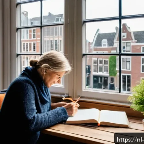 Home 31 내러티브 건강법을 통한 동기 부여 - A cozy, warm Dutch living room scene featuring a middle-aged person journaling at a wooden table nea...