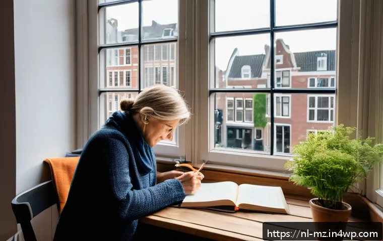 내러티브 건강법을 통한 동기 부여 - A cozy, warm Dutch living room scene featuring a middle-aged person journaling at a wooden table nea...