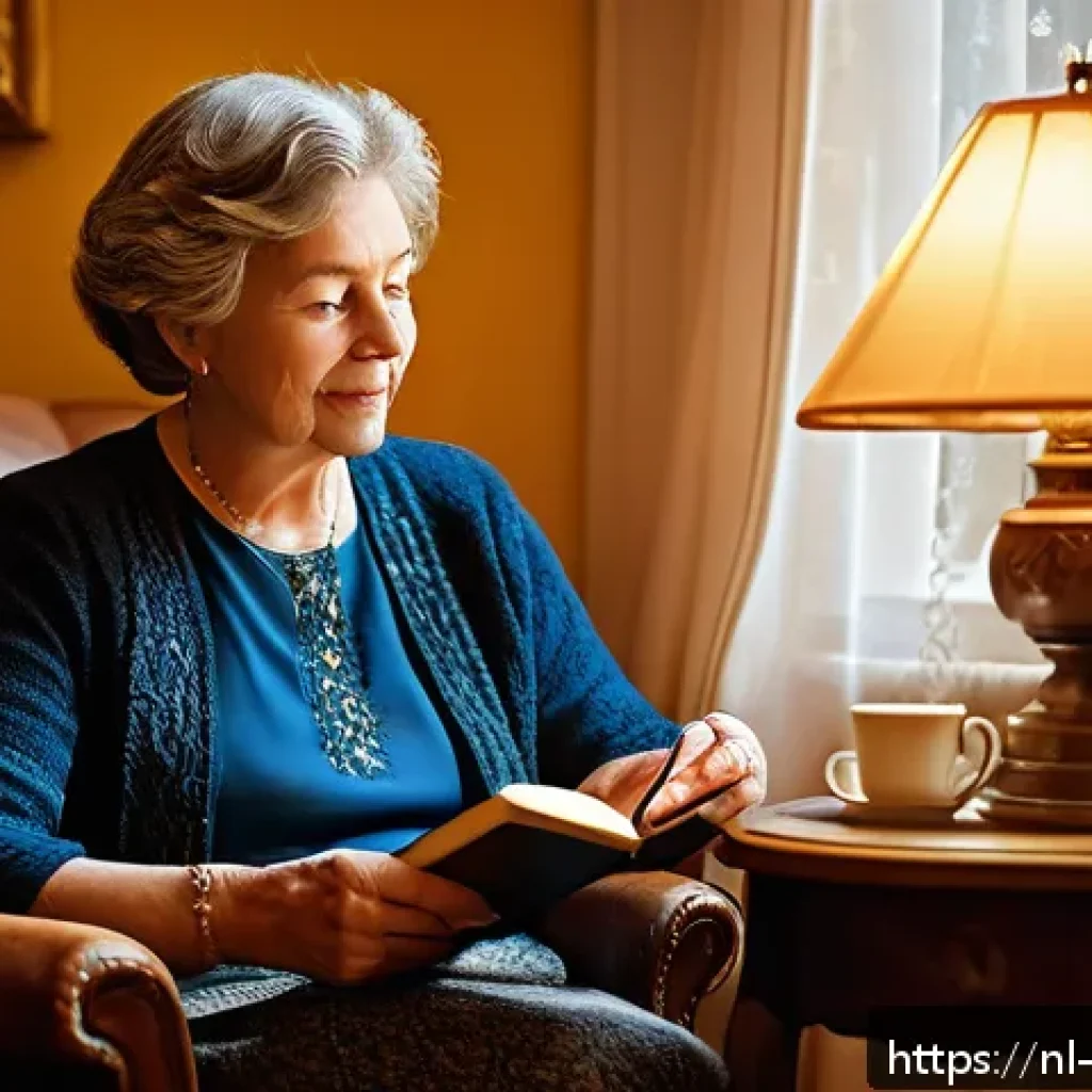 내러티브 건강법의 기술적 접근 - A cozy, softly lit Dutch living room scene where a middle-aged woman sits comfortably on a vintage a...