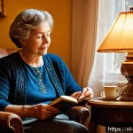 Home 18 내러티브 건강법의 기술적 접근 - A cozy, softly lit Dutch living room scene where a middle-aged woman sits comfortably on a vintage a...