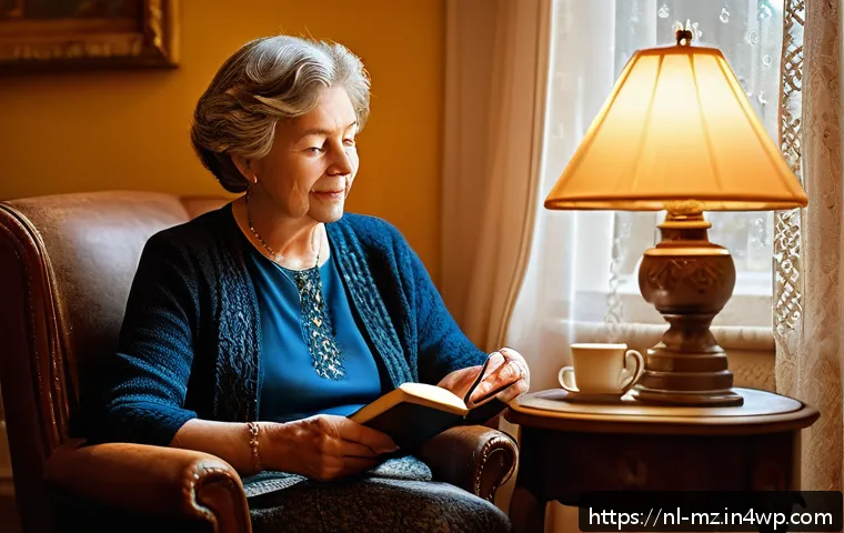 내러티브 건강법의 기술적 접근 - A cozy, softly lit Dutch living room scene where a middle-aged woman sits comfortably on a vintage a...