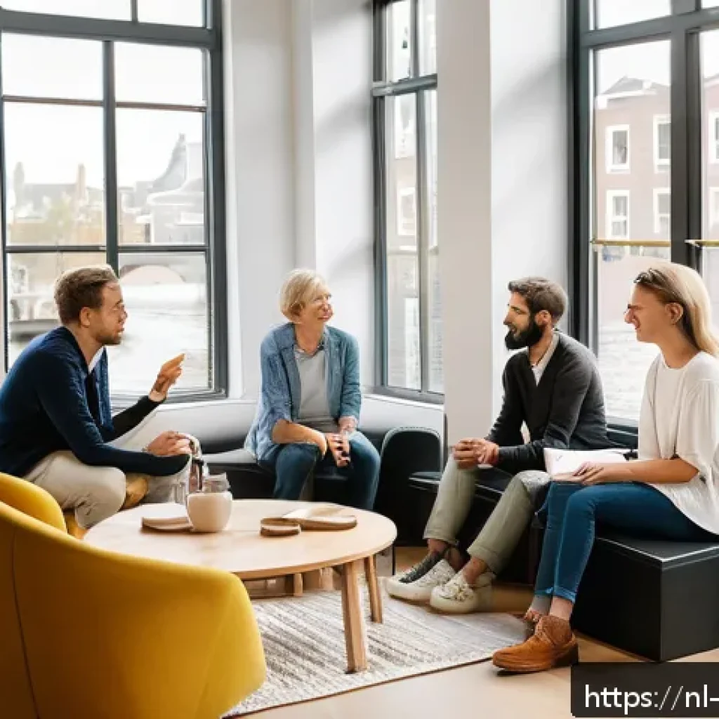 내러티브 건강법과 신경과학의 연관성 - A warm and inviting therapy room in a modern Dutch home setting, featuring a diverse group of adults...