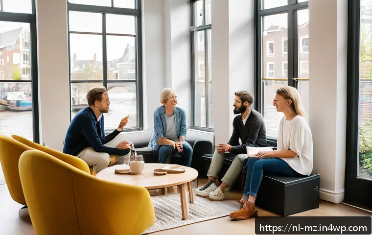 내러티브 건강법과 신경과학의 연관성 - A warm and inviting therapy room in a modern Dutch home setting, featuring a diverse group of adults...