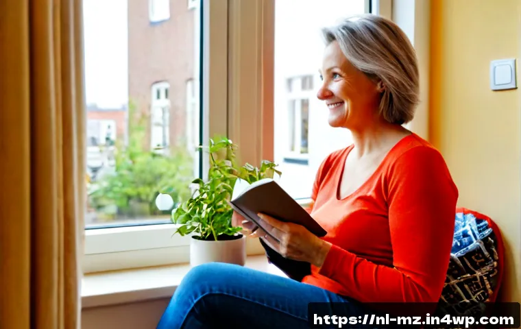 내러티브 건강법을 통한 긍정적 변화 - Photorealistic lifestyle scene in a bright Dutch apartment, a cheerful middle-aged woman sitting com...